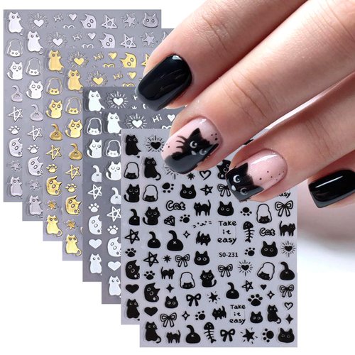 Cat Nail Stickers for Nail Art - 8Sheets Cute Nail Decals Cartoon Nail Art Supplies 3D Self Adhes...