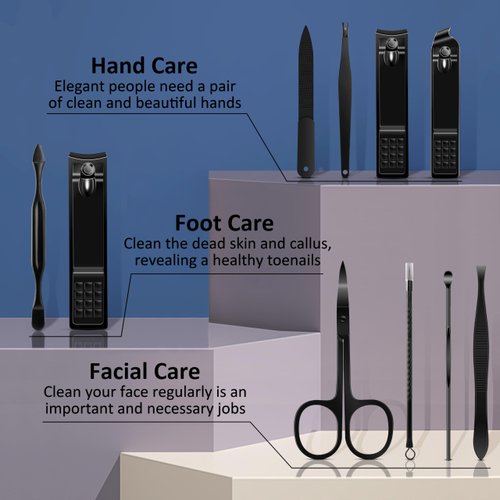 BLESWIN 10 in 1 Manicure Set, Professional Manicure Pedicure Kit for Women, Nail clipper Set for Men, Nail Care Kit with Leather Travel Case, Travel Nail Kit for Friends Parents Gift (Black)