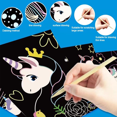 JUNQIU Scratch Art for Kids, Unicorns Black Rainbow Scratch Art Paper Set-Arts and Crafts & Supplies, DIY Activity & Party Games, Gifts for Toddlers, Girls & Boys Ages 3, 4, 5, 6, 7, 8