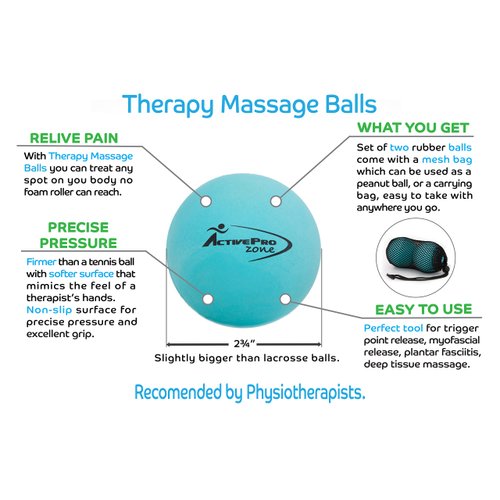 ActiveProZone Therapy Massage Ball - Instant Muscle Pain Relief. Proven Effective for Myofascial Release, Deep Tissue Pressure, Yoga & Trigger Point Treatments. Set - 2 Extra Firm Balls W/Mesh Bag.