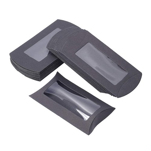 BENECREAT 30pcs 5x3x1.5 Inches Black Kraft Paper Pillow Boxes with Clear Window, Candy Packaging Box Treat Box for Birthday Wedding Party