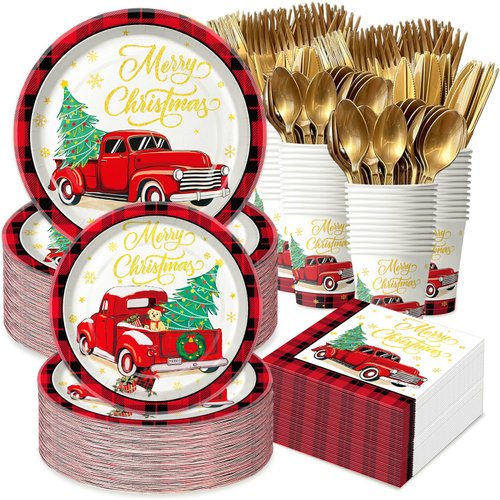 Christmas Paper Plates and Napkins Set Christmas Truck Disposable Dinnerware Included Plates, Cups, Napkins, Cutlery for Christmas Xmas Holiday, Merry Christmas Plates for Party, Serves 24