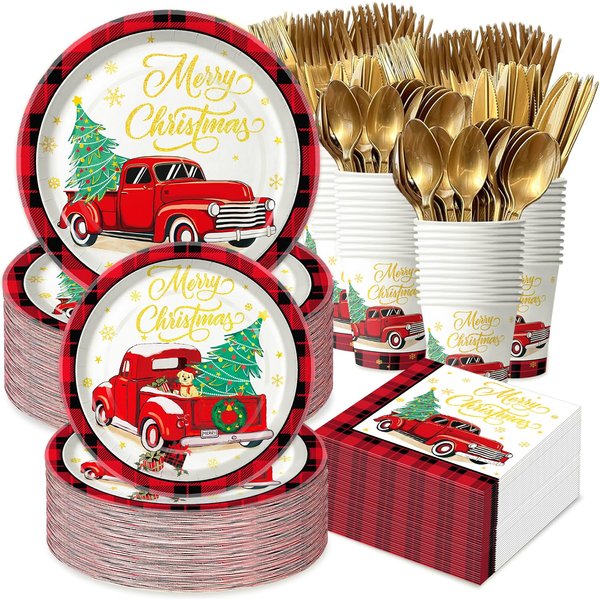 Christmas Paper Plates and Napkins Set Christmas Truck Disposable Dinnerware Included Plates, Cups, Napkins, Cutlery for Christmas Xmas Holiday, Merry Christmas Plates for Party, Serves 24