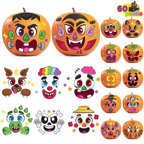 JOYIN 60 Pcs Halloween Pumpkin Decorating Stickers, Halloween Art Craft Party Supplies, Party Favor for Kid, Jack-O-Lantern Face Sticker Sheets in 18 Designs, School Activities Treat Classroom Goodies