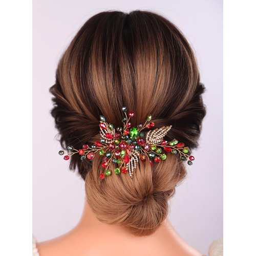 Teyglen Bride Crystal Rhinestone Wedding Hair Comb Green and Red Crystal Hair Piece Gold Leaf Crystal Hair Side Comb Christmas Wedding Headpiece Hair Accessories for Women Girls (Red)
