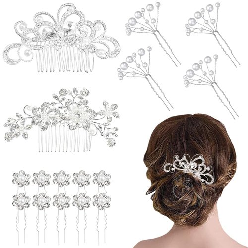 16 Pack Wedding Hair Comb Set Shiny Silver Rhine Pearl Butterfly Bride Hair Comb Hairpin Hair Comb Side Hair Comb U-shaped Accessories Hair Accessories for Brides Bridesmaids Ladies and Girls