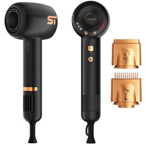 Supreme Trimmer Hair Dryer Negative Ion 110,000 RPM | Fast Drying & Low Noise Blow Dryer 1400W Brushless Motor | Magnetic Attachments, 3 Heat & 3 Speed Settings + Cool Shot | SHD347 Black w/UK Plug