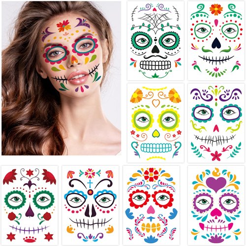 Day of The Dead Tattoos Halloween Temporary Face Tattoos Skeleton Floral Full Skull Face Mask Stickers Party Supplies
