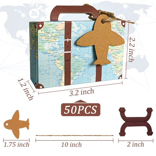CHolic 50Pcs Party Favor Candy Box, World Map Mini Suitcase Favor Box, Vintage Kraft Paper with Tags and Burlap Twine for Travel Themed Party, Bridal Shower, Wedding Decorations
