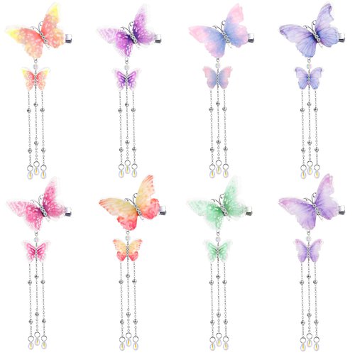 BBTO 8 Pcs Tassel Butterfly Hair Clips Christmas 3D Butterfly Hair Pins Cute Organza Hanging Ear Butterfly Hair Accessories for Bride Wedding party women(Sweet Color)