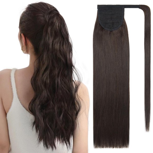 SEGO Pro Ponytail Extensions Human Hair Long Straight Ponytail Hair Extensions with Magic Paste Wrap Around Clip in Ponytail Extensions Real Human Hair,16inch #2 Dark Brown,80g
