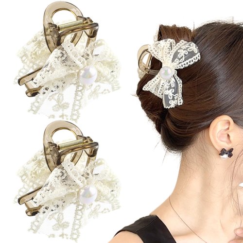 PLwelth 2Pcs Bow Lace Hair Claw Clips for Women Girls Cute Pearl Small Hair Clips Non Slip Hair Accessories for Curly Long Short Thin Thick Hair Beige Trendy Bow Hair Clips for Party Daily Decoration