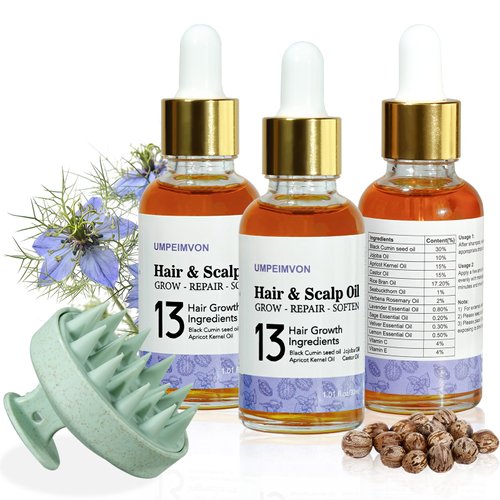 Umpeimvon 3 Pack Hair Oil for Frizzy Hair Dry Hair, Travel Size Hair Oil, 15% Castor Oil Rosemary Oil infused Hair Oils for Damaged Hair, Organic Black Seed Oil Repair and Strengthen, Herbal Scent
