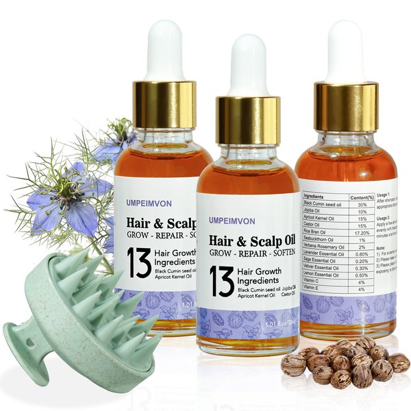Umpeimvon 3 Pack Hair Oil for Frizzy Hair Dry Hair, Travel Size Hair Oil, 15% Castor Oil Rosemary Oil infused Hair Oils for Damaged Hair, Organic Black Seed Oil Repair and Strengthen, Herbal Scent