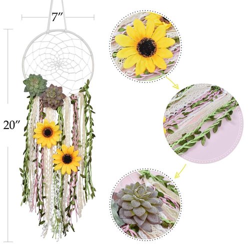 DrCor Sunflower Dream Catcher for Spring Gift Bedroom Nursery Boho Floral Handmade Dreamcatcher Greenery Wall Hanging Decor for Party Office Teens Girls Kids Room Decor