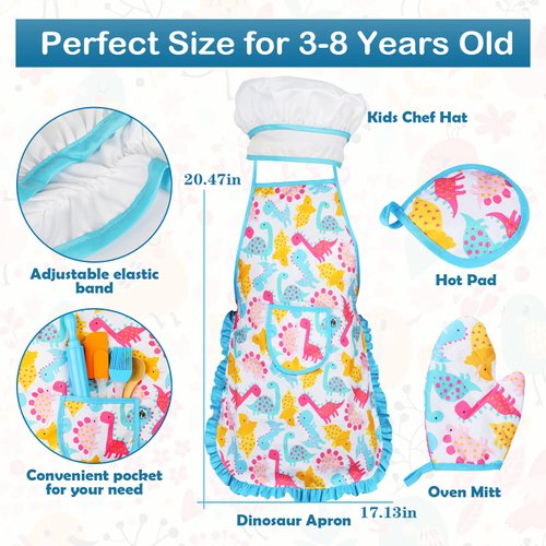 Kkmon Kids Cooking and Baking Set - 28Pcs Includes Kids Chef Hat and Dinosaur Apron ,Oven Mitt and Cooking Utensils , Dress Up Chef Role Play Costume for Toddlers Age 3+ Years Old Girls Boys Toys Gift