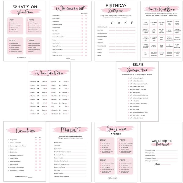 UreGifta 10 Teen Birthday Party Games for Her, Girls Birthday Games Bundle for 20 Guests, Sweet 16 Party Games, Teenager Bday Party Supplies