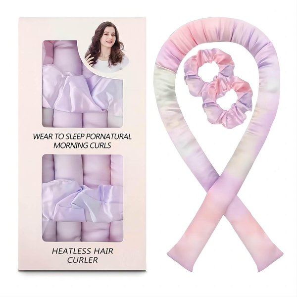 Satin Heatless Curling Headband Set, Flexible Pearl Cotton Curling Iron, Silk Curling Iron with Gift Box, Overnight Heatless Curling Iron, Styling Tool for Medium Length Hair (Light Purple)