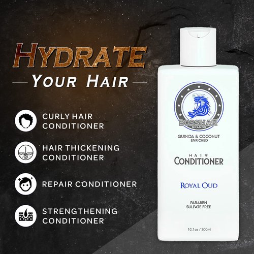 Bossman Moisturizing Hair Conditioner for Men – Stimulates, Hydrates, Soothes Men's Hair and Scalp – Natural Quinoa & Coconut Enriched - Paraben & Sulfate Free (Royal Oud Scent)