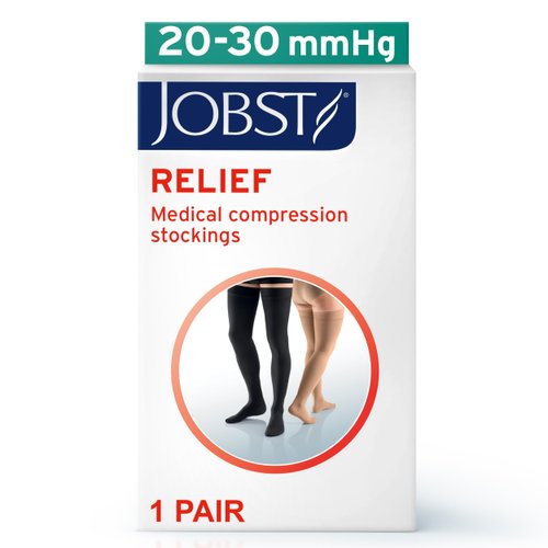 JOBST Relief Thigh High Graduated Compression Stockings 20-30mmHg - Comfortable Unisex Design with Silicone Dot Band - Open Toe, Beige, Small