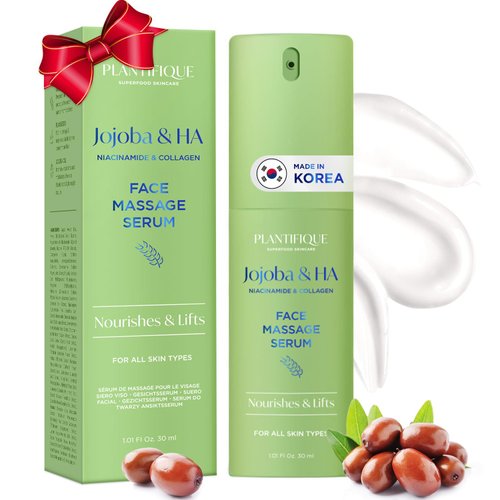 PLANTIFIQUE Korean Jojoba Oil & Hyaluronic Acid Face Massage Serum - Perfect for Gua Sha Facial Tools - Collagen & Niacinamide for Ultimate Hydration and Anti-Aging Glow - for Men & Women