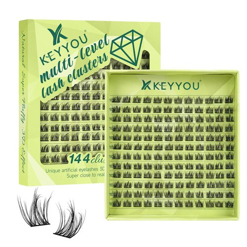 Lash Clusters 3D Effect Eyelash Clusters KEYYOU 144pcs D Curl 18mm Wispy Lashes Fluffy Cluster Lashes Natural Soft DIY Lash Extension(Empower-D-18)