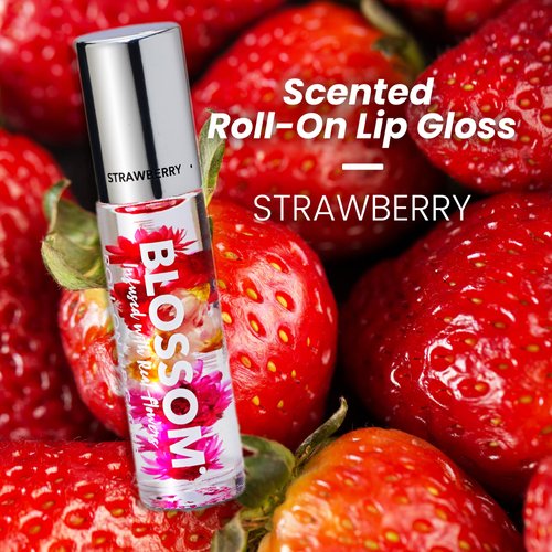 Blossom Lip Gloss, Scented Roll on Lip Gloss, Flower Lip Gloss, Clear High Shine Lip Oil, Infused with Real Flowers, Made in USA, 0.2oz, Strawberry