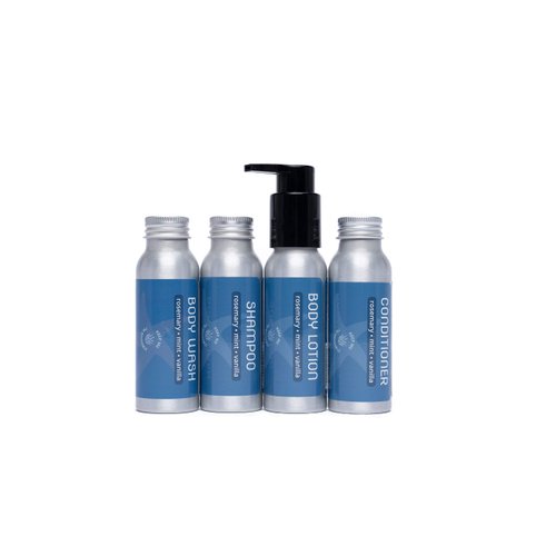 Travel Size Shampoo, Conditioner, Body Wash and Body Lotion - Rosemary, Mint, Vanilla - Sulfate Free, Refillable Bottle, 2.5 oz