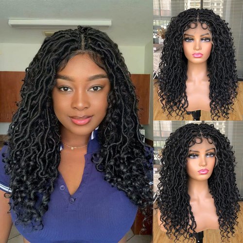 MURAMURA HAIR Goddess Faux Locs Wigs for Black Women 18Inch Full Lace Curly Synthetic Wigs with Baby Hair Bohemia Locs Twist Crochet Curls Braid Braided Wig(Black)
