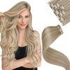 LaaVoo Blonde Clip in Hair Extensions 18 Inch Clip on Hair Extensions Human Hair Highlights Dark Ash Blonde Mix Light Blonde Real Hair Extensions Clip in Human Hair Double Weft 5pcs/80g