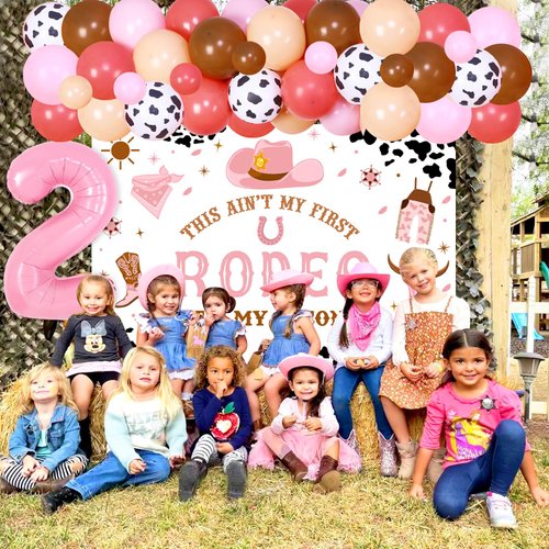 JOYMEMO My 2nd Rodeo Birthday Decorations Girl - Boho Cowgirl Balloon Garland Arch Kit with This Ain't My First Rodeo Its My Second Birthday Backdrop, Number 2 Foil Balloon for Western Party Supplies