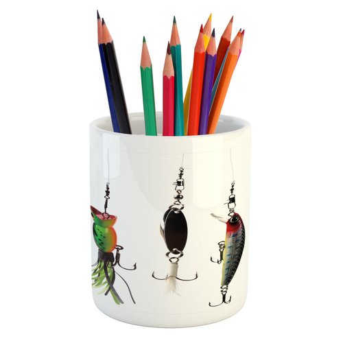Ambesonne Fishing Pencil Pen Holder, Various Type of Fishing Baits Hobby Leisure Passtime Sports Hooks Catch Elements, Ceramic Pencil Holder for Desk Office Accessory, 3.6" X 3.2", White Green