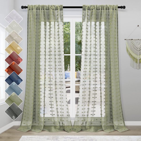 Guken Sheer Curtains 96 Inch Length 2 Panels Sets for Living Room Bedroom 38 Inch Width Farmhouse Boho Drapes Light Filtering Pom Pom Curtains Tufted Semi Sheer Kids Rod Pocket,Sage Green,W38xL96