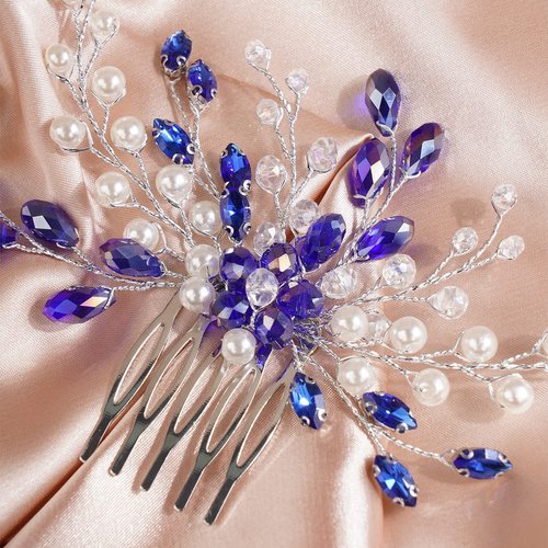 BERYUAN Blue Crystal Pearls Hair Comb Beads Flower Silver Wedding Head Piece Rhinestone Accessories for Bride, Women, and Girls