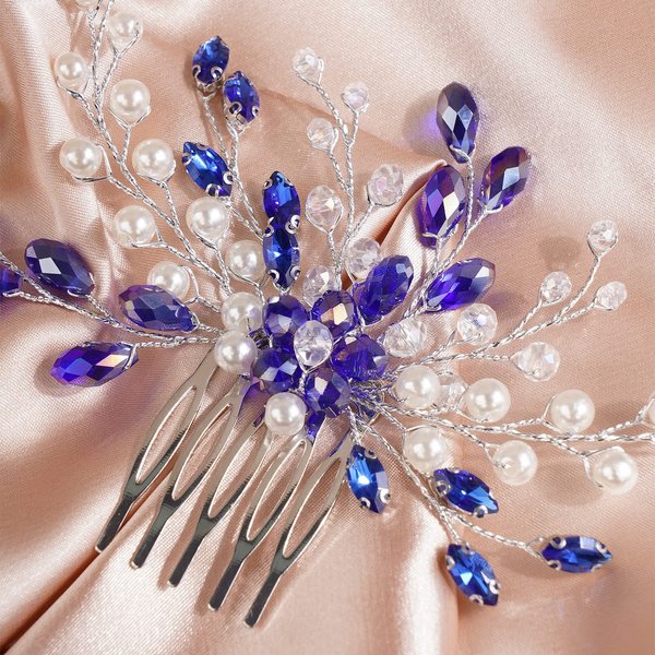 BERYUAN Blue Crystal Pearls Hair Comb Beads Flower Silver Wedding Head Piece Rhinestone Accessories for Bride, Women, and Girls