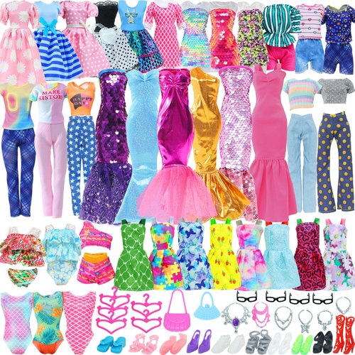 BLIJOLA 40Pcs Doll Clothes and Accessories 2 Fashion Evening Dresses 3 Tops 3 Pants 1 Sequins Dress 2 Casual Dresses 3 Slip Dresses 2 Swimwear 10 Shoes 5 Hangers 12 Accessories for 11.5 inch Girl Doll