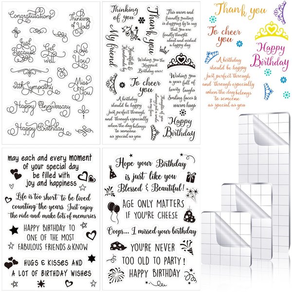 4 Sheets Sentiments Rubber Clear Stamps Set For Card Making And 3 Pcs Acrylic Stamp Block Tools With Grid Lines Happy Birthday Stamps Craft Supplies For Diy Scrapbooking Journaling