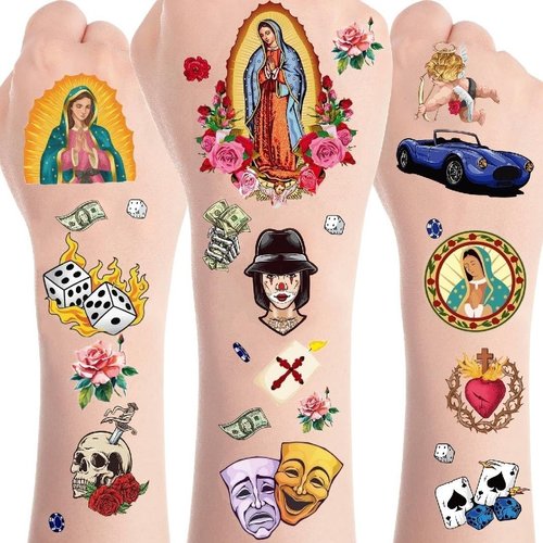 8PCS Chicano Temporary Tattoos for Adults - Chicana Guadalupe Our Lady of Guadalup Fake Tattoo Sticker Post Malone Tattoos Day of the Dead Halloween Mexico Tattoo Stickers for Women Men Adults