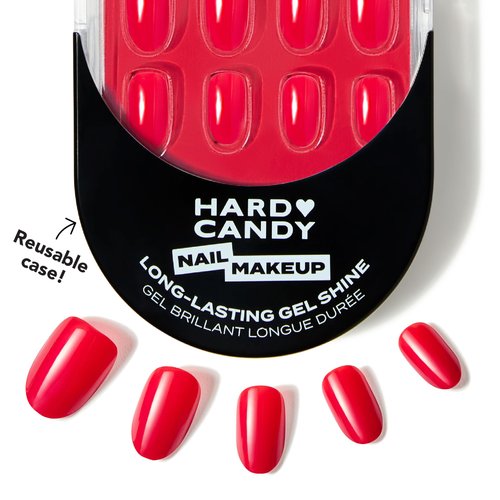 Hard Candy Press On Nails, Reusable with Gel Shine Finish, FIRE, Red Nails, Short Round Nails with Nail Glue and Travel Case