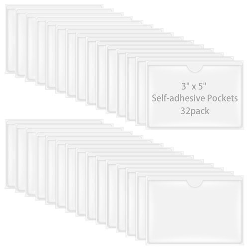 Antner 32 Pack Self-Adhesive Index Card Pockets for 3" x 5" Card, Clear Plastic Labels Holders Top Open for Loading Card Holder for Storage Bins, Library and Locker (3.74 x 5.3 Inches)