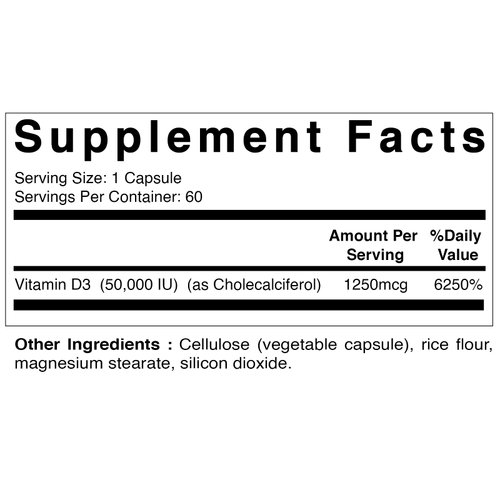 Vitamatic Vitamin D3 50,000 IU (as Cholecalciferol), Once Weekly Dose, 1250 mcg, 60 Veggie Capsules 1 Year Supply, Progressive Formula Helping Vitamin D Deficiencies (60 Count (Pack of 1))