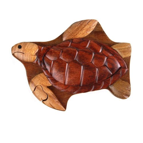 Sea Turtle - Natural Wood Intarsia Puzzle Box - Handcrafted with Secret Compartment