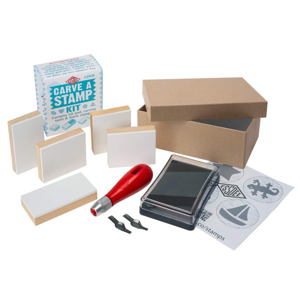 Block Printing Stamp Making Kit || Includes 2 Lino Cutters, Lino Handle, 5 Wood Mounted Blocks, Ink Pad and Leaflet Including Stamp Design || Used in Art, Craft and Carving Stamps || Made from UK