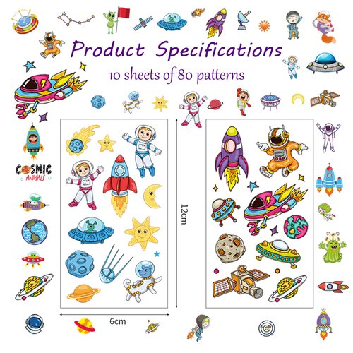 EJJUOO Tattoos for Kids, Temporary Tattoo Kids Space, Space Temporary Tattoos, 10 Sheets 80pcs Space Tattoos,for Children Boys Party Favors Supplies