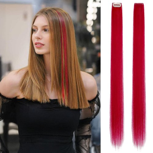 FeidyLong Rose Red Hair Extensions, 1 PCS 24 Inch Long Straight Clip in Hair Extensions, Synthetic Hairpiece for Kids Girls Women Highlight Party
