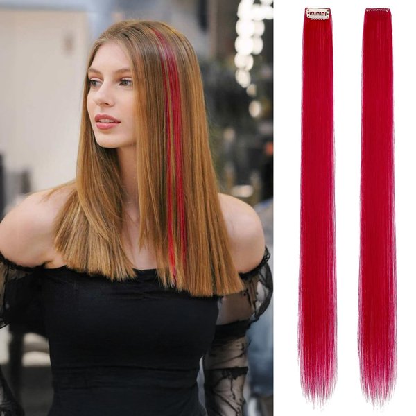 FeidyLong Rose Red Hair Extensions, 1 PCS 24 Inch Long Straight Clip in Hair Extensions, Synthetic Hairpiece for Kids Girls Women Highlight Party