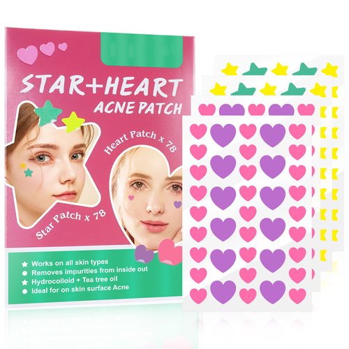 156 Patches Acne Patch Colorful Hydrocolloid Pimple Patch with Natural Tea Tree Oil, Cute Star and Love Heart Shaped Acne Absorbing Cover Patch Kit for Face Zits, Pimples, Blemishes, Spots Acne Dots