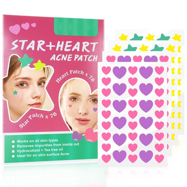 156 Patches Acne Patch Colorful Hydrocolloid Pimple Patch with Natural Tea Tree Oil, Cute Star and Love Heart Shaped Acne Absorbing Cover Patch Kit for Face Zits, Pimples, Blemishes, Spots Acne Dots
