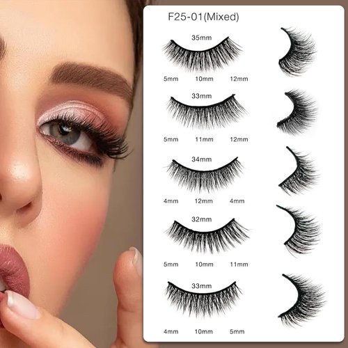 5 Pairs Mixed Self adhesive eyelashes, False Eyelashes Natural Look, Waterproof wispy lashes with Tweezers, Reusable self adhesive eyelashes, Self Sticking No Glue Lashes for Women