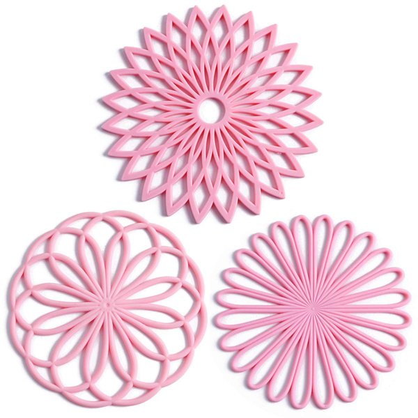 Set of 3 Silicone Trivet Mat - Hot Pot Holder Hot Pads for Table & Countertop - Trivet for Hot Dishes - Non-Slip & Heat Resistant Modern Kitchen Hot Pads for Pots & Pans, Pink